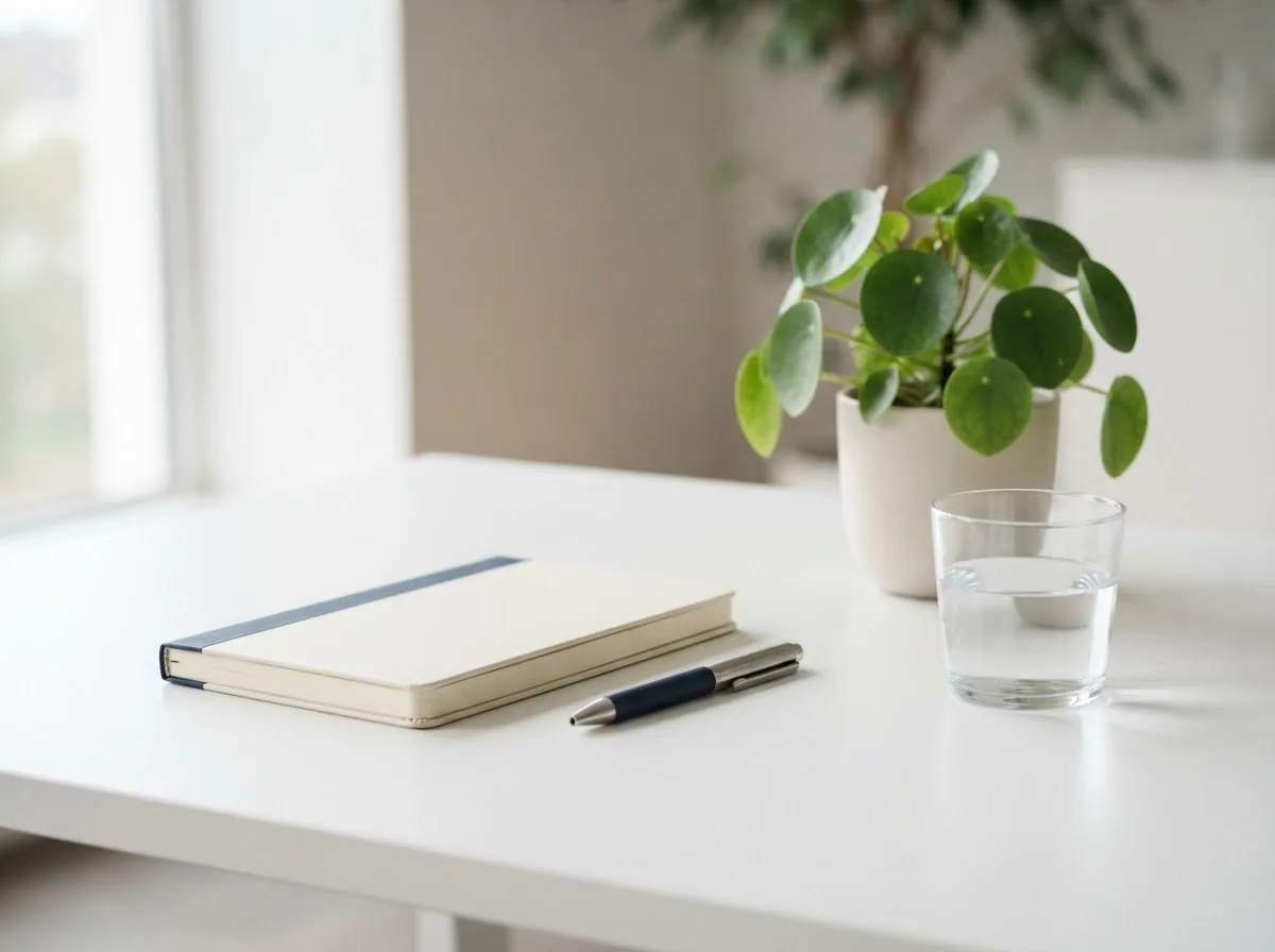 Werkruimte met notitieboek en water